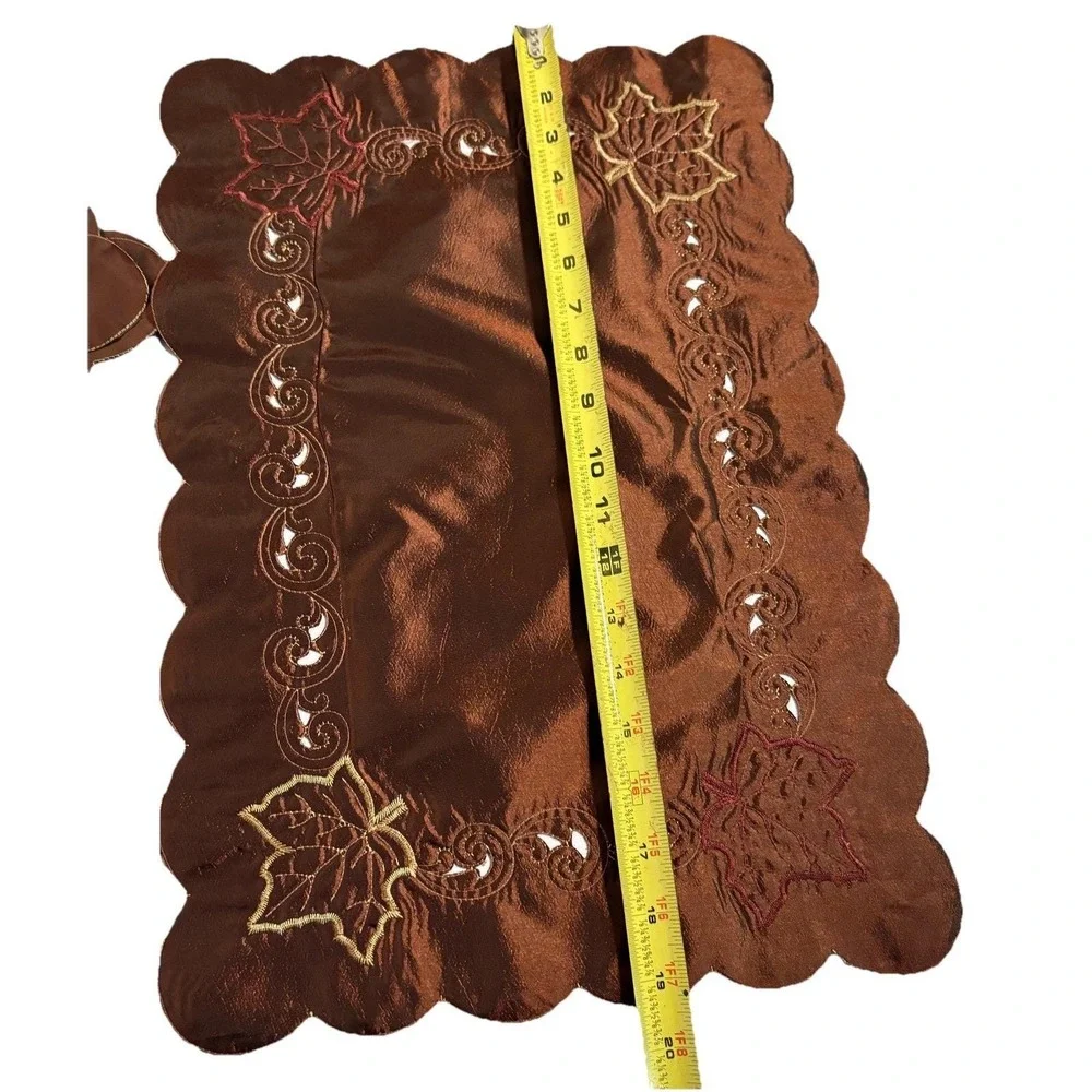 Vtg Bronze Cutwork Fall Leaf Placemats & Napkins w Scalloped Edges Silky Elegant